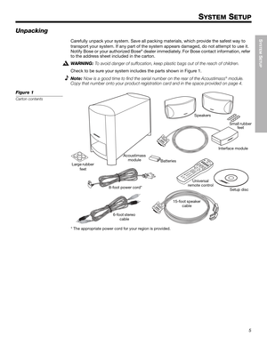 Page 55
SYSTEM
 SETUP
English FrançaisEspañol
SYSTEM SETUP
Unpacking
Carefully unpack your system. Save all packing materials, which provide the safest way to 
transport your system. If any part of the system appears damaged, do not attempt to use it. 
Notify Bose or your authorized Bose
® dealer immediately. For Bose contact information, refer 
to the address sheet included in the carton.
WARNING: To avoid danger of suffocation, keep plastic bags out of the reach of children.
Check to be sure your system...