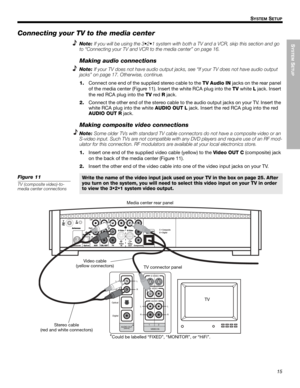 Page 15SYSTEM
 SETUP
15
SYSTEM SETUP
Dansk Italiano SvenskaDeutsch Nederlands English FrançaisEspañol
Connecting your TV to the media center
Note:If you will be using the 3•2•1 system with both a TV and a VCR, skip this section and go 
to “Connecting your TV and VCR to the media center” on page 16.
Making audio connections
Note:If your TV does not have audio output jacks, see “If your TV does not have audio output 
jacks” on page 17
. Otherwise, continue.
1.Connect one end of the supplied stereo cable to the TV...