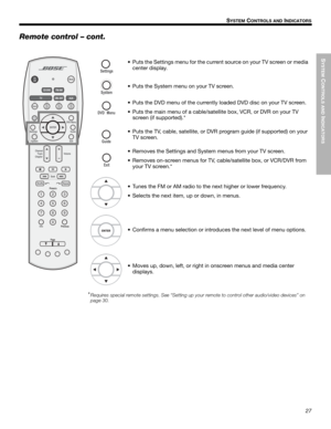 Page 27SYSTEM
 C
ONTROLS AND
 INDICATORS
27
SYSTEM CONTROLS AND INDICATORS
Dansk Italiano SvenskaDeutsch Nederlands English FrançaisEspañol
Remote control – cont.
• Puts the Settings menu for the current source on your TV screen or media 
center display.
• Puts the System menu on your TV screen.
• Puts the DVD menu of the currently loaded DVD disc on your TV screen.
• Puts the main menu of a cable/satellite box, VCR, or DVR on your TV 
screen (if supported).*
• Puts the TV, cable, satellite, or DVR program...