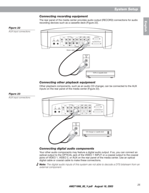 Page 2525
System Setup
English
Connecting recording equipment
The rear panel of the media center provides audio output (RECORD) connections for audio 
recording devices such as a cassette deck (Figure 22).
Figure 22
AUX input connections
Connecting other playback equipment
Other playback components, such as an audio CD changer, can be connected to the AUX 
inputs on the rear panel of the media center (Figure 22).
Figure 23
AUX input connections
Connecting digital audio components
Your other audio components may...