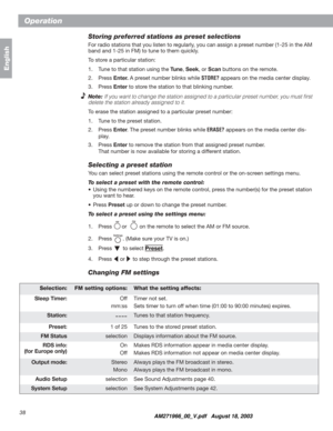 Page 3838
Operation
English
Storing preferred stations as preset selections
For radio stations that you listen to regularly, you can assign a preset number (1-25 in the AM 
band and 1-25 in FM) to tune to them quickly.
To store a particular station:
1. Tune to that station using the Tune, Seek,or Scan buttons on the remote.
2. Press Enter. A preset number blinks while STORE? appears on the media center display.
3. Press Enterto store the station to that blinking number.
Note:If you want to change the station...