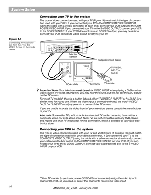Page 1616
System Setup
Connecting your TV to the system
The type of video connection used with your TV (Figure 14) must match the type of connec-
tion used with your VCR. If you connected your TV to the COMPOSITE VIDEO OUTPUT 
(using the cable with a yellow connector at each end), connect your VCR output to the COM-
POSITE VIDEO INPUT. If you connected your TV to the S-VIDEO OUTPUT, connect your VCR 
to the S-VIDEO INPUT. If your VCR does not have an S-VIDEO output, you may be able to 
connect your VCR...