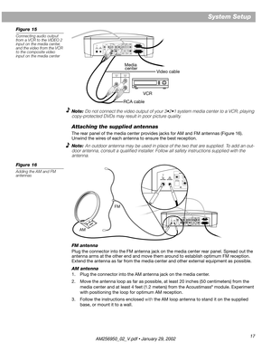 Page 1717
System Setup
Figure 15
Connecting audio output 
from a VCR to the VIDEO 2 
input on the media center, 
and the video from the VCR 
to the composite video 
input on the media center
Note: Do not connect the video output of your 3•2•1 system media center to a VCR; playing 
copy-protected DVDs may result in poor picture quality.
Attaching the supplied antennas
The rear panel of the media center provides jacks for AM and FM antennas (Figure 16). 
Unwind the wires of each antenna to ensure the best...