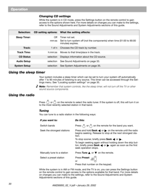 Page 3030
Operation
Changing CD settings
While the system is in CD mode, press the Settings button on the remote control to gain 
access to the options shown here. For more details on changes you can make to the settings, 
refer to the Sound Adjustments and System Adjustments sections of this guide.
Using the sleep timer
Your system includes a sleep timer which can be set to turn your system off automatically 
after 1 to 90 minutes of listening to any source. This timer can be accessed through the Set-
tings...