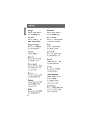 Page 1414EnglishEurope
Phone: 0299 390111
Fax: 0299 390114
Australia
Phone: 1800 023 367
www.bose.com.au
Belgique/België
Phone: 012 390800
Fax: 012 390840
Canada
1-800-4652673
Danmark
Phone: 04343 7777
Fax: 04343 7818
Deutschland
Phone: 06172-71040
Fax: 06172-710419
www.bose.de
France
Phone: 01-30616363
Fax: 01-30614105
Ireland
Phone: 042-9661988
Fax: 042-9661988
www.bose.ie
Italia
Phone: 066-5670802
Fax: 066-5680167Nederland
Phone: 0299 390111
Fax: 0299 390109
New Zealand
Phone: 61 2 8737 99567
(Australian...