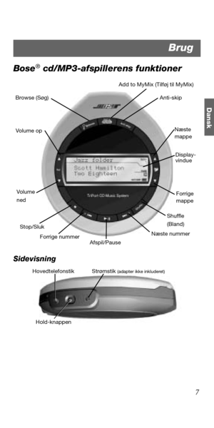 Page 257
Dansk
Bose® cd/MP3-afspillerens funktioner
Sidevisning
Browse (Søg) Anti-skip
Add to MyMix (Tilføj til MyMix)
Næste 
mappe
Forrige 
mappe
Shuffle 
(Bland)
Afspil/Pause Vol u me
ned
Stop/Sluk Vo l u me o p
Forrige nummerNæste nummer
Display-
vindue
Strømstik (adapter ikke inkluderet)
Hold-knappen Hovedtelefonstik
Brug 