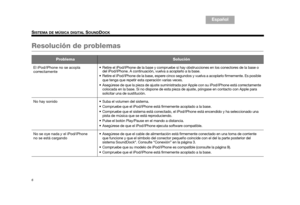 Page 186
SISTEMA DE MÚSICA DIGITAL SOUNDDOCK
English
TA B  6
TA B  8 TA B  7 TA B  3
TA B  5 E s p a ñ o l
Español
Resolución de problemas 
ProblemaSolución
El iPod/iPhone no se acopla 
correctamente  Retire el iPod/iPhone de la base y compruebe si 
hay obstrucciones en los conectores de la base o 
del iPod/iPhone. A continuación, vuelva a acoplarlo a la base.
 Retire el iPod/iPhone de la base, espere cinco se gundos y vuelva a acoplarlo firmemente. Es posible 
que tenga que repetir esta operación varias...