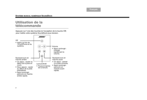 Page 264
SYSTÈME MUSICAL NUMÉRIQUE SOUNDDOCK
English
TA B  6
TAB 8 TAB 7 Français Français TAB 2TA B  4
Utilisation de la 
télécommande
Appuyez sur l’une des touches (à  l’exception de la touche Off) 
pour mettre votre système SoundDock sous tension.
Saut/parcours en 
marche arrière 
 Un appui : sauter au  début de la piste en 
cours.
 Deux appuis : sauter  au début de la piste 
précédente. 
 Appui prolongé :  parcours en marche 
arrière rapide.
\002\003Off
 Arrêt à la fois de l’iPod/iPhone et du 
système....