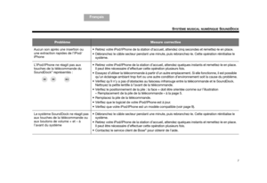 Page 297
SYSTÈME MUSICAL NUMÉRIQUE SOUNDDOCK
Français
TAB 4TAB 6TAB 8 TA B  7
English Français
TA B  2
Aucun son après une insertion ou 
une extraction rapides de l’iPod/
iPhone  Retirez votre iPod/iPhone de la station d’accueil, attendez cinq secondes et remettez-le en place.
 Débranchez le câble secteur pendant une minute, puis rebranchez-le. Cette opération réinitialise le 
système.
L’iPod/iPhone ne réagit pas aux 
touches de la télécommande du 
SoundDock
® représentés :  Retirez votre iPod/iPhone de la...