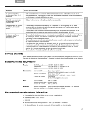 Page 37CUIDADO Y MANTENIMIENTO
17
CUIDADO Y MANTENIMIENTO
English FrançaisEspañol
Servicio al cliente
Para obtener ayuda adicional sobre la resolución de problemas, póngase en contacto con el 
Servicio de atención al cliente de Bose®. Consulte la hoja de direcciones incluida con el sistema.
Especificaciones del producto
Recomendaciones de sistema informático
• Procesador Pentium de 1 GHz como mínimo o equivalente
• 256 MB de RAM como mínimo
•USB 2.0
•Microsoft Windows
® XP o posterior o Mac OS® X 10.4.6 o...