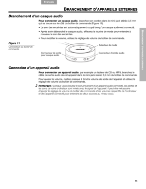 Page 5315
BRANCHEMENT D
’APPAREILS EXTERNES
English FrançaisEspañol
BRANCHEMENT D’APPAREILS EXTERNES
Branchement d’un casque audio
Pour connecter un casque audio, branchez son cordon dans le mini-jack stéréo 3,5 mm 
qui se trouve sur le côté du boîtier de commande (Figure 11). 
• Le son des enceintes est automatiquement coupé lorsqu’un casque audio est connecté.
• Après avoir débranché le casque audio, effleurez la touche de mode pour entendre à 
nouveau le son des enceintes.
• Pour modifier le volume, utilisez...