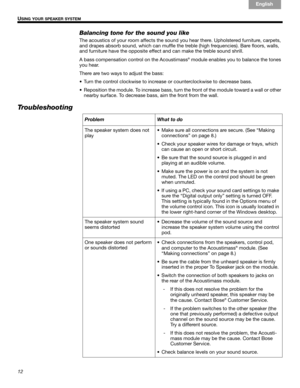Page 1212
!#$%&()*%)+#,-*./01&2 2 34!5
U
SING YOUR SPEAKER SYSTEM
English
Français Español
Balancing tone for the sound you like
The acoustics of your room affects the sound  you hear there. Upholstered furniture, carpets, 
and drapes absorb sound,  which can muffle the treble (high  frequencies). Bare floors, walls, 
and furniture have the opposite effect and can make the treble sound shrill. 
A bass compensation control on the Acoustimass
® module enables you to  balance the tones 
you hear. 
There are two...