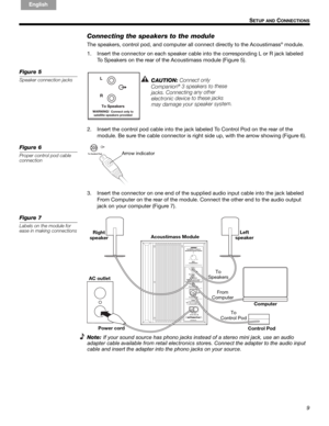 Page 99
!#$%&()*%)+#,-*./01&2 2 34!5S
ETUP AND CONNECTIONS
English Français
Español
Connecting the speakers to the module
The speakers, control pod,  and computer all connect directly to the Acoustimass® module.
1. Insert the connecto r on each speaker cable into the corresponding L or R jack labeled !
To Speakers on the rear of the Acoustimass module (Figure 5).
Figure 5
Speaker connection jacksC AU
TI
O N:C
o
nn e
c t
o
nl
y
C o
m p
an i
o n®3
sp
e
a k
e rs
t
o t
h es
e
j a
cks
. C
on
n ec
ti
n g
a
n y
ot
h...