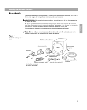 Page 195
Español
Configuración del sistema
Desembalaje
Desembale el sistema cuidadosamente. Conserve todo el material de embalaje, ya que es la 
forma más segura de transportar el sistema cuando sea necesario.
ADVERTENCIA: 
Mantenga las bolsas de plástico fuera del alcance de los niños, para evitar 
el peligro de asfixia.
Si alguna pieza del sistema parece estar dañada, no lo utilice. Comuníquese de inmediato 
con Bose Corporation o con un concesionario Bose® autorizado. Para conocer la información 
de...