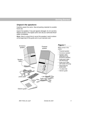Page 5AM177243_03_V.pdf                                                  October 29, 2001                                                               5
    

 
 

 
 


 

 

  


 
V
O
L
U
M
E+
-
A
M
IX
   
   




 


  




 









 



  
 








 







 
  
 








 




 





 




 

 
B
Unpack the speakers
Carefully unpack the carton. Save all packing materials for possible
future use.
Inspect the speakers. If any part appears damaged, do not use them.
Repack all parts in the original...