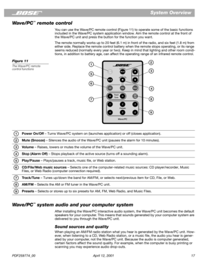 Page 17PDF259774_00 April 12, 2001 17
System Overview
Wave/PC
™ remote control
You can use the Wave/PC remote control (Figure 11) to operate some of the basic functions 
included in the Wave/PC system application window. Aim the remote control at the front of 
the Wave/PC unit and press the button for the function you want.
The remote normally works up to 20 feet (6.1 m) in front of the radio, and six feet (1.8 m) from 
either side. Replace the remote control battery when the remote stops operating, or its...