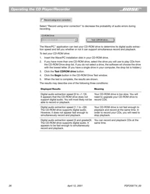 Page 2626 April 12, 2001 PDF259774_00
Operating the CD Player/Recorder
Select “Record using error correction” to decrease the probability of audio errors during 
recording.
The Wave/PC
™ application can test your CD-ROM drive to determine its digital audio extrac-
tion speed and tell you whether or not it can support simultaneous record and playback. 
To test your CD-ROM drive:
1. Insert the Wave/PC installation disk in your CD-ROM drive.
2. If you have more than one CD-ROM drive, select the drive you will use...