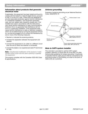 Page 4 
4 April 12, 2001 PDF259774_00 
Safety Information 
Information about products that generate 
electrical noise 
If applicable, this equipment has been tested and found to 
comply with the limits for a Class B digital device, pursuant 
to Part 15 of the FCC rules. These limits are designed to 
provide reasonable protection against harmful interference 
in a residential installation. This equipment generates, 
uses, and can radiate radio frequency energy and, if not 
installed and used in accordance with...