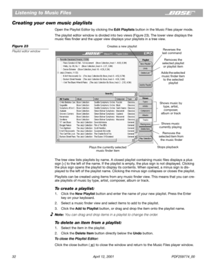 Page 3232 April 12, 2001 PDF259774_00
Listening to Music Files
Creating your own music playlists
Open the Playlist Editor by clicking the Edit Playlists button in the Music Files player mode.
The playlist editor window is divided into two views (Figure 23). The lower view displays the 
music ﬁles ﬁnder and the upper view displays your playlists in a tree view.
Figure 23
Playlist editor window
The tree view lists playlists by name. A closed playlist containing music ﬁles displays a plus 
sign [+] to the left of...