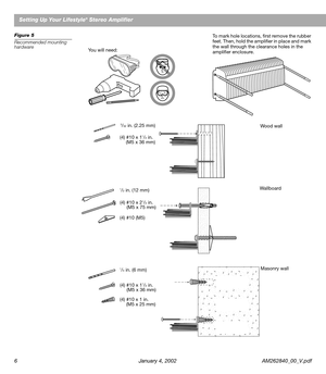 Page 8 
6 January 4, 2002 AM262840_00_V.pdf 
Setting Up Your Lifestyle 
® 
 Stereo Amplifier 
Figure 5 
Recommended mounting 
hardware
(4) #10 x 11/2 in.
(M5 x 36 mm)
(4) #10 x 2
1/2 in.
(M5 x 75 mm)
3/32 in. (2.25 mm)
1/2 in. (12 mm)
1/4 in. (6 mm) (4) #10 (M5)
(4) #10 x 1
1/2 in.
(M5 x 36 mm)
(4) #10 x 1 in.
(M5 x 25 mm)
You will need:To mark hole locations, ﬁrst remove the rubber 
feet. Then, hold the ampliﬁer in place and mark 
the wall through the clearance holes in the 
ampliﬁer enclosure.
Wood wall...