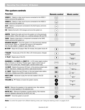 Page 1816 December 20, 2001                                                                  AM193147_03_V.pdf
AMFM
AUX
CD
1 VIDEO
2 VIDEO
TAPE
MUTE
MUTE
ALL
OFFON
RANDOM
Operating Your Lifestyle® 30 System
Note: To control the system from different listening zones, see “Using two listening zones” on pages 23-24.
SOURCE
SELECT
/II
/II
Music center Remote control
SKIP
SKIP
ON
OFF
SKIPSKIP
The system controls
Function
VIDEO 1 - Selects a video sound source connected to the VIDEO 1
inputs, and turns the system...