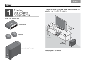 Page 10Italiano
Svenska Deutsch
Nederlands English
Français Español
6
SETUP
The image below shows one of the many ways you can 
® system.
See Steps 1-6 for details.
1
Placing 
the system 
components
What you need to use:
Media center
Speakers
Acoustimass
® module
3 
(
1  
m ) 
o r
 m o
re
3
 (
1  m
) 
o r m
or
e
3  (
1
 m )
 
o r l
e
ss
Left 
speaker
Right 
speaker
 