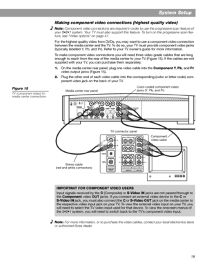 Page 1919
System Setup
Making component video connections (highest quality video)
Note: Component video connections are required in order to use the progressive scan feature of 
your 3•2•1 system. Your TV must also support this feature. To turn on the progressive scan fea-
ture, see “Video options” on page 47.
For the highest quality video from DVDs, you may want to use a component video connection 
between the media center and the TV. To do so, your TV must provide component video jacks 
(typically labelled Y,...