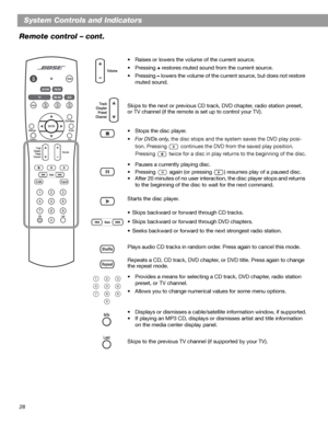 Page 2828
System Controls and Indicators
Remote control – cont.
• Raises or lowers the volume of the current source. 
•Pressing + restores muted sound from the current source.
•Pressing – lowers the volume of the current source, but does not restore 
muted sound.
Skips to the next or previous CD track, DVD chapter, radio station preset, 
or TV channel (if the remote is set up to control your TV).
• Stops the disc player.
•For DVDs only, the disc stops and the system saves the DVD play posi-
tion. Pressing...