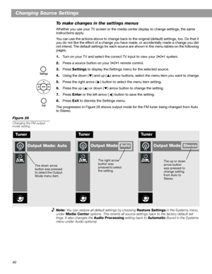 Page 4040
Changing Source Settings
To make changes in the settings menus
Whether you use your TV screen or the media center display to change settings, the same 
instructions apply.
You can use the actions above to change back to the original (default) settings, too. Do that if 
you do not like the effect of a change you have made, or accidentally made a change you did 
not intend. The default settings for each source are shown in the menu tables on the following 
pages.
1.Turn on your TV and select the correct...