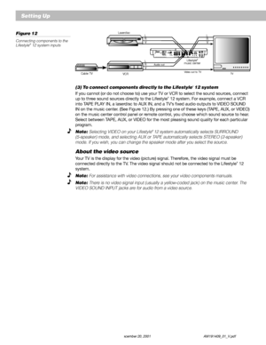 Page 1614 December 20, 2001 AM191409_01_V.pdf
Setting Up
Figure 12
Connecting components to the
Lifestyle® 12 system inputs
(3) To connect components directly to the Lifestyle® 12 system
If you cannot (or do not choose to) use your TV or VCR to select the sound sources, connect
up to three sound sources directly to the Lifestyle® 12 system. For example, connect a VCR
into TAPE PLAY IN, a laserdisc to AUX IN, and a TV’s fixed audio outputs to VIDEO SOUND
IN on the music center. (See Figure 12.) By pressing one...