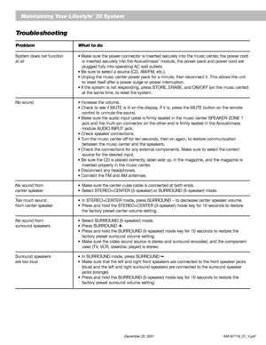 Page 2826          December 20, 2001                           AM187718_01_V.pdf
Maintaining Your Lifestyle® 25 System
Troubleshooting
Problem What to do
System does not function• Make sure the power connector is inserted securely into the music center, the power cord
at all is inserted securely into the Acoustimass® module, the power pack and power cord are
plugged fully into operating AC wall outlets.
• Be sure to select a source (CD, AM/FM, etc.).
• Unplug the music center power pack for a minute, then...