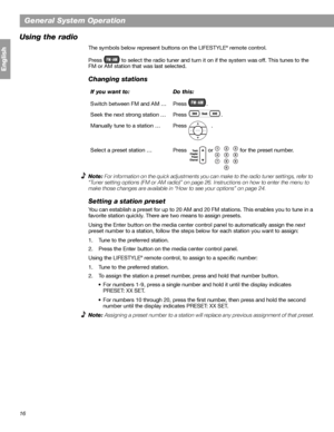 Page 1616
General System Operation
English
Using the radio
The symbols below represent buttons on the LIFESTYLE® remote control.
Press   to select the radio tuner and turn it on if the system was off. This tunes to the 
FM or AM station that was last selected.
Changing stations
Note: For information on the quick adjustments you can make to the radio tuner settings, refer to 
“Tuner setting options (FM or AM radio)” on page 26. Instructions on how to enter the menu to 
make those changes are available in “How to...