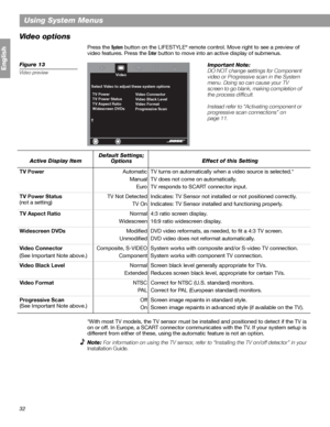 Page 3232
Using System Menus
English
Video options
Press the System button on the LIFESTYLE® remote control. Move right to see a preview of 
video features. Press the 
Enter button to move into an active display of submenus.
Figure 13
Video preview
*With most TV models, the TV sensor must be installed and positioned to detect if the TV is 
on or off. In Europe, a SCART connector communicates with the TV. If your system setup is 
different from either of these, using the automatic feature is not an option....