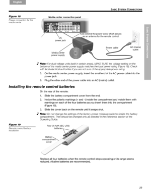 Page 23BASIC
 SYSTEM
 C
ONNECTIONS
23
B
ASIC SYSTEM CONNECTIONS
English FrançaisEspañol
Figure 18
Power connection for the 
media center
Fully extend the power cord, which serves 
as an antenna for the remote control.
Media center 
power supply
Media center connection panel
DC
power jack
AC (mains) 
outlet Power cable
Note:For dual voltage units (sold in certain areas), MAKE SURE the voltage setting on the 
bottom of the media center power supply matches the local power rating (Figure 18). Check 
with local...