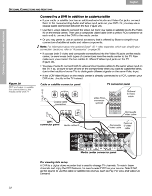 Page 3232
OPTIONAL
 C
ONNECTIONS AND
 ADDITIONS
 O
PTIONAL CONNECTIONS AND ADDITIONS
English Français Español
Connecting a DVR in addition to cable/satellite
• If your cable or satellite box has an additional set of Audio and Video Out jacks, connect 
them to the corresponding Audio and Video input jacks on your DVR. Or, you may use a 
coaxial cable connection between the two (Figure 28).
• Use the S-video cable to connect the Video out from your cable or satellite box to the Video 
IN on the media center....