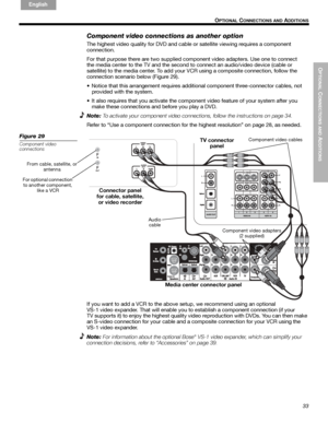 Page 33OPTIONAL
 C
ONNECTIONS AND
 ADDITIONS
33
OPTIONAL CONNECTIONS AND ADDITIONS
English FrançaisEspañol
Component video connections as another option
The highest video quality for DVD and cable or satellite viewing requires a component 
connection. 
For that purpose there are two supplied component video adapters. Use one to connect 
the media center to the TV and the second to connect an audio/video device (cable or
satellite) to the media center. To add your VCR using a composite connection, follow the...