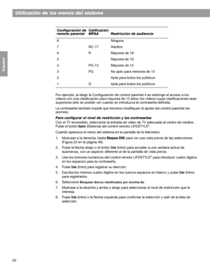 Page 10850
Utilización de los menús del sistema
Français Español English
Por ejemplo, al elegir la Configuración de control parental 4 se restringe el acceso a los 
vídeos con una clasificación para mayores de 13 años; los vídeos cuyas clasificaciones sean 
superiores sólo se podrán ver cuando se introduzca la contraseña definida.
La contraseña también impide que terceros modifiquen el ajuste del control parental sin 
permiso.
Para configurar el nivel de restricción y las contraseñas
Con el TV encendido,...