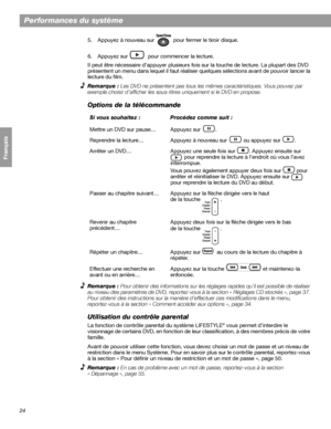 Page 14024
Performances du système
Français Español English
5. Appuyez à nouveau sur   pour fermer le tiroir disque.
6. Appuyez sur   pour commencer la lecture.
Il peut être nécessaire d’appuyer plusieurs fois sur la touche de lecture. La plupart des DVD 
présentent un menu dans lequel il faut réaliser quelques sélections avant de pouvoir lancer la 
lecture du film. 
Remarque : Les DVD ne présentent pas tous les mêmes caractéristiques. Vous pouvez par 
exemple choisir d’afficher les sous-titres uniquement si le...