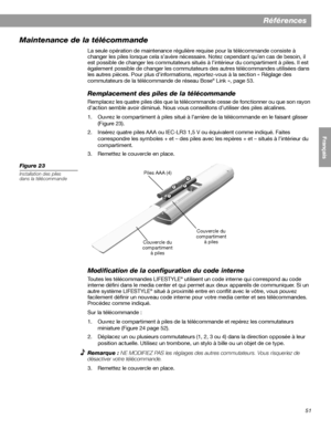 Page 16751
English FrançaisEspañol
Références
Maintenance de la télécommande
La seule opération de maintenance régulière requise pour la télécommande consiste à 
changer les piles lorsque cela s’avère nécessaire. Notez cependant qu’en cas de besoin, il 
est possible de changer les commutateurs situés à l’intérieur du compartiment à piles. Il est 
également possible de changer les commutateurs des autres télécommandes utilisées dans 
les autres pièces. Pour plus d’informations, reportez-vous à la section «...