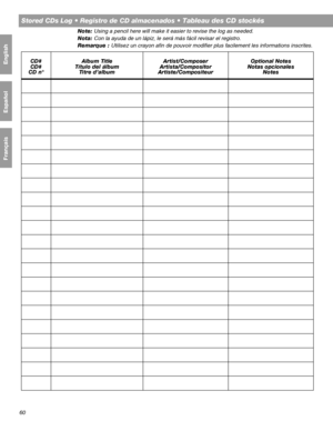 Page 17660
Français Español English
Stored CDs Log • Registro de CD almacenados • Tableau des CD stockés
CD#
CD#
CD n°Album Title
Título del álbum
Titre d’albumArtist/Composer
Artista/Compositor
Artiste/CompositeurOptional Notes
Notas opcionales
Notes
Note: Using a pencil here will make it easier to revise the log as needed.
Nota: Con la ayuda de un lápiz, le será más fácil revisar el registro.
Remarque : Utilisez un crayon afin de pouvoir modifier plus facilement les informations inscrites.
 