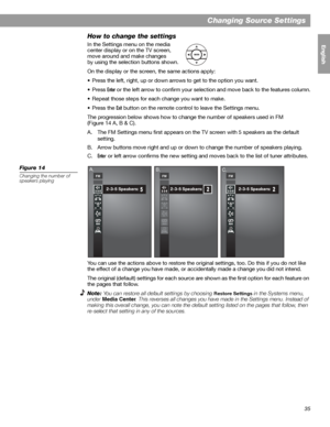 Page 3535
Changing Source Settings
English FrançaisEspañol
How to change the settings
In the Settings menu on the media 
center display or on the TV screen, 
move around and make changes
by using the selection buttons shown.
On the display or the screen, the same actions apply:
• Press the left, right, up or down arrows to get to the option you want.
•Press 
Enter or the left arrow to confirm your selection and move back to the features column.
• Repeat those steps for each change you want to make.
•Press the...