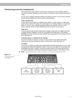 Page 13      AM189858_03_V.pdf December 20, 2001 11
Connecting external components
Use standard RCA audio cables to connect other components to your Lifestyle® system’s
multi-room interface, matching the red connector to R (right) and white (or black) connector to
L (left).
You can use a Y-adapter (available at electronics stores) to connect a mono source. However,
the left and right speakers then play the same monaural sound.
Video components
To play video sound through your Lifestyle® music system, connect...