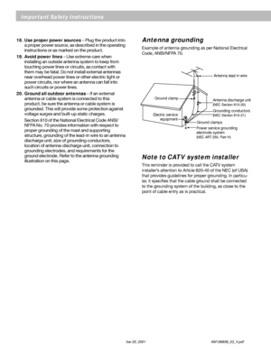 Page 4English
b December 20, 2001                AM189858_03_V.pdf
Important Safety Instructions
Antenna grounding
Example of antenna grounding as per National Electrical
Code, ANSI/NFPA 70.
Note to CATV system installer
This reminder is provided to call the CATV system
installer’s attention to Article 820-40 of the NEC (of USA)
that provides guidelines for proper grounding. In particu-
lar, it specifies that the cable ground shall be connected
to the grounding system of the building, as close to the
point of...