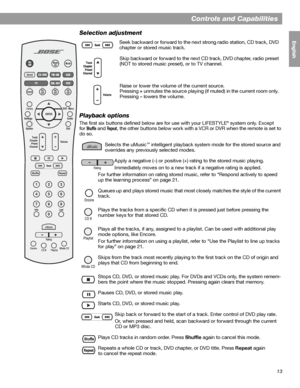 Page 1313
Controls and Capabilities
English FrançaisEspañol
Selection adjustment
Playback options
The first six buttons defined below are for use with your LIFESTYLE® system only. Except 
for 
Shuffle and Repeat, the other buttons below work with a VCR or DVR when the remote is set to 
do so.Seek backward or forward to the next strong radio station, CD track, DVD 
chapter or stored music track.
Skip backward or forward to the next CD track, DVD chapter, radio preset 
(NOT to stored music preset), or to TV...