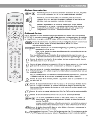 Page 12913
Fonctions et commandes
English FrançaisEspañol
Réglage d’une sélection
Options de lecture
Les six premières touches définies ci-dessous s’utilisent uniquement avec votre système 
LIFESTYLE®. À l’exception des touches Shuffle et Repeat, les autres touches permettent de contrôler 
un magnétoscope ou un graveur de DVD lorsque la télécommande a été configurée à cet effet. Permet de parcourir en avant ou en arrière les stations de radio, les pistes 
d’un CD, les chapitres d’un DVD ou les pistes musicales...