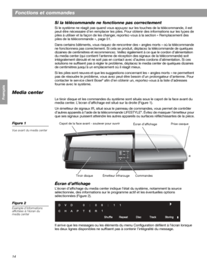 Page 13014
Fonctions et commandes
Français Español English
Si la télécommande ne fonctionne pas correctement
Si le système ne réagit pas quand vous appuyez sur les touches de la télécommande, il est 
peut-être nécessaire d’en remplacer les piles. Pour obtenir des informations sur les types de 
piles à utiliser et la façon de les changer, reportez-vous à la section « Remplacement des 
piles de la télécommande », page 51.
Dans certains bâtiments, vous risquez de rencontrer des « angles morts » où la télécommande...