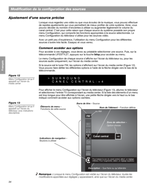 Page 15034
Français Español English
Modification de la configuration des sources
Ajustement d’une source précise
Lorsque vous regardez une vidéo ou que vous écoutez de la musique, vous pouvez effectuer 
de rapides ajustements qui vous permettent de mieux profiter de votre système. Ainsi, vous 
pouvez décider du nombre d’enceintes à utiliser ou augmenter légèrement le volume du 
canal central. C’est pour cette raison que chaque source du système possède son propre 
menu Configuration, qui comporte les fonctions...