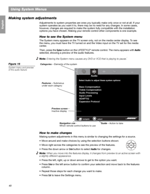 Page 4040
Français Español English
Using System Menus
Making system adjustments
Adjustments to system properties are ones you typically make only once or not at all. If your 
system operates as you want it to, there may be no need for any changes. In some cases, 
however, changes are required to make the system fully compatible with the installation 
options you have chosen. Making your remote control other components is one example.
How to see the System menu
The System menu appears on the TV screen only, not...