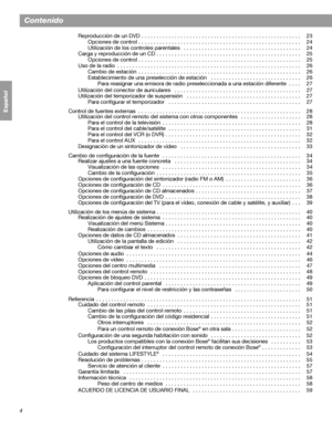Page 624
Contenido
Français Español English
Reproducción de un DVD . . . . . . . . . . . . . . . . . . . . . . . . . . . . . . . . . . . . . . . . . . . . . . . . . . . . . 23
Opciones de control . . . . . . . . . . . . . . . . . . . . . . . . . . . . . . . . . . . . . . . . . . . . . . . . . . . . . . 24
Utilización de los controles parentales   . . . . . . . . . . . . . . . . . . . . . . . . . . . . . . . . . . . . . . .  24
Carga y reproducción de un CD . . . . . . . . . . . . . . . . . . . . . . . . . . . ....