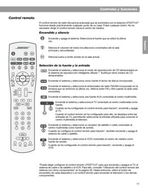 Page 6911
English FrançaisEspañol
Controles y funciones
Control remoto 
El control remoto de radio frecuencia avanzada que se suministra con el sistema LIFESTYLE®
funciona desde prácticamente cualquier punto de su casa. Pulse cualquier botón. No es 
necesario dirigir el control remoto hacia el centro de medios.
Encendido y silencio
Selección de la fuente y la entrada
*Puede elegir configurar el control remoto LIFESTYLE® para que encienda y apague el TV, el 
sistema de cable o de satélite o el VCR. Para ello,...